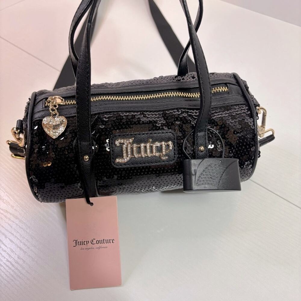 NWT Juicy Couture Y2K Black Crossbody Barrel Bag with Sparkly Sequins Finish B10